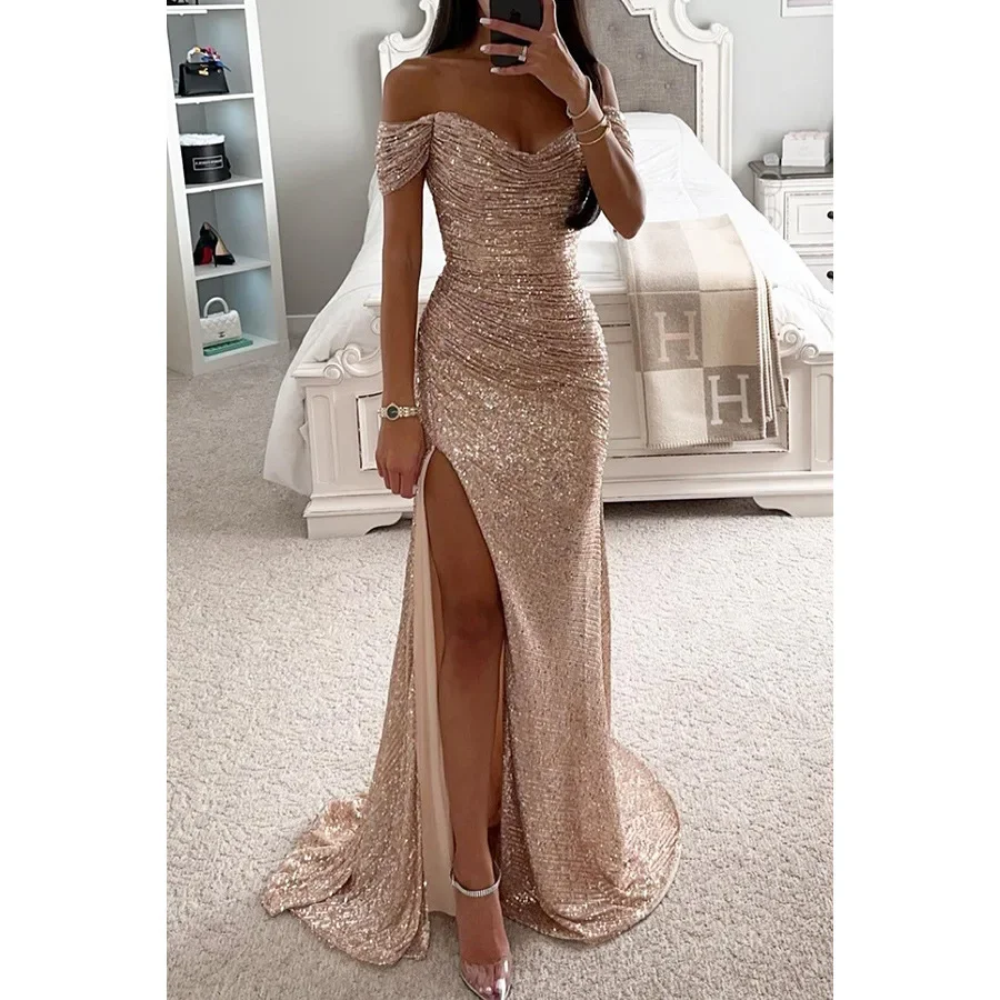 Autumn Sexy Off Shoulder Sequin Evening Dress Women Fashion Elegant Slash Neck Split Floor Sequin Party Dress Women