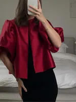 Spring Summer New Women's Fashion Casual Shirt Satin Bubble Sleeves Round Neck Loose Short Top Female Elegant Solid Blouses 5