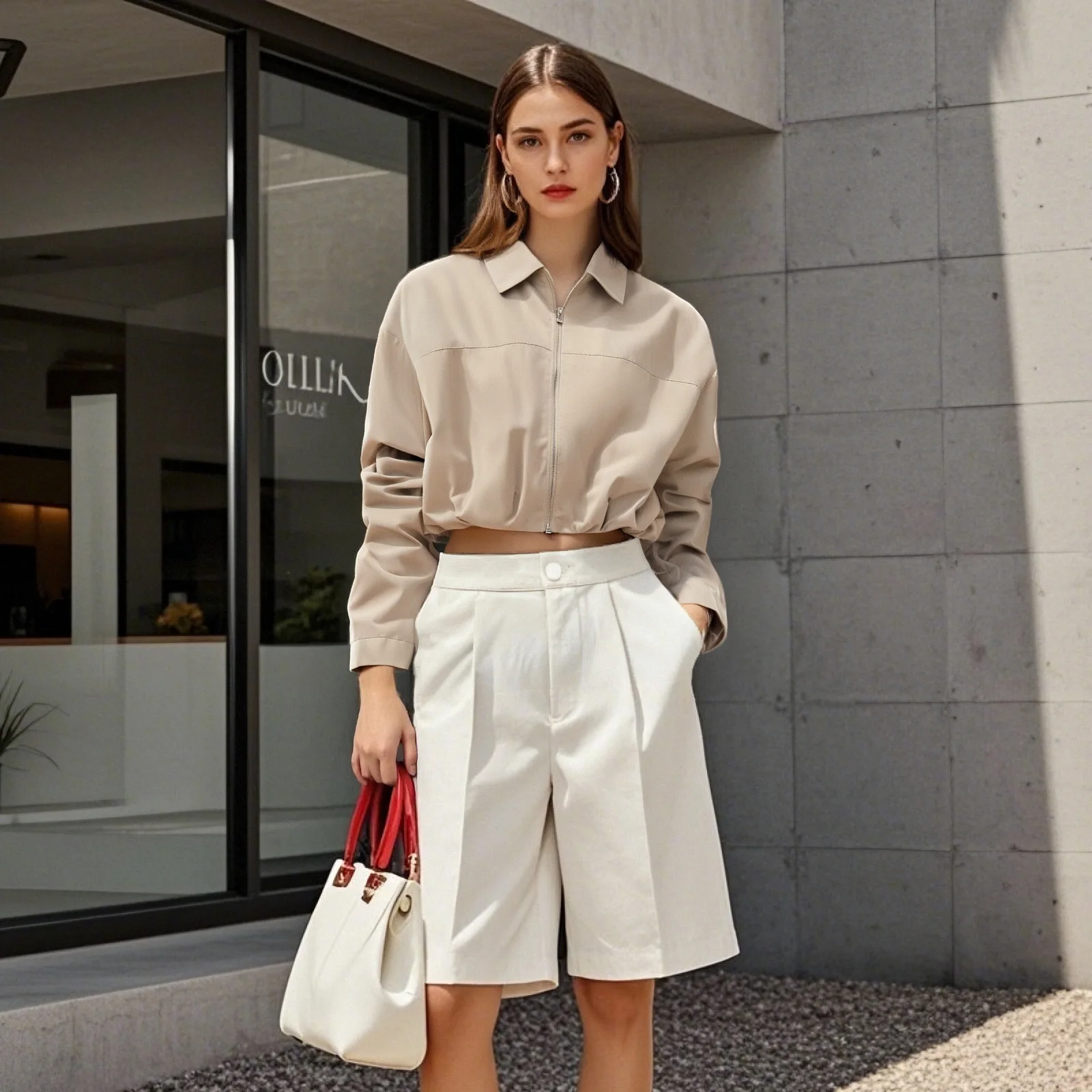   Sommer neue einfache und modische Reißverschluss freiliegende Taille plissierte Dekoration breites Revers langärmelige kurze Jacke