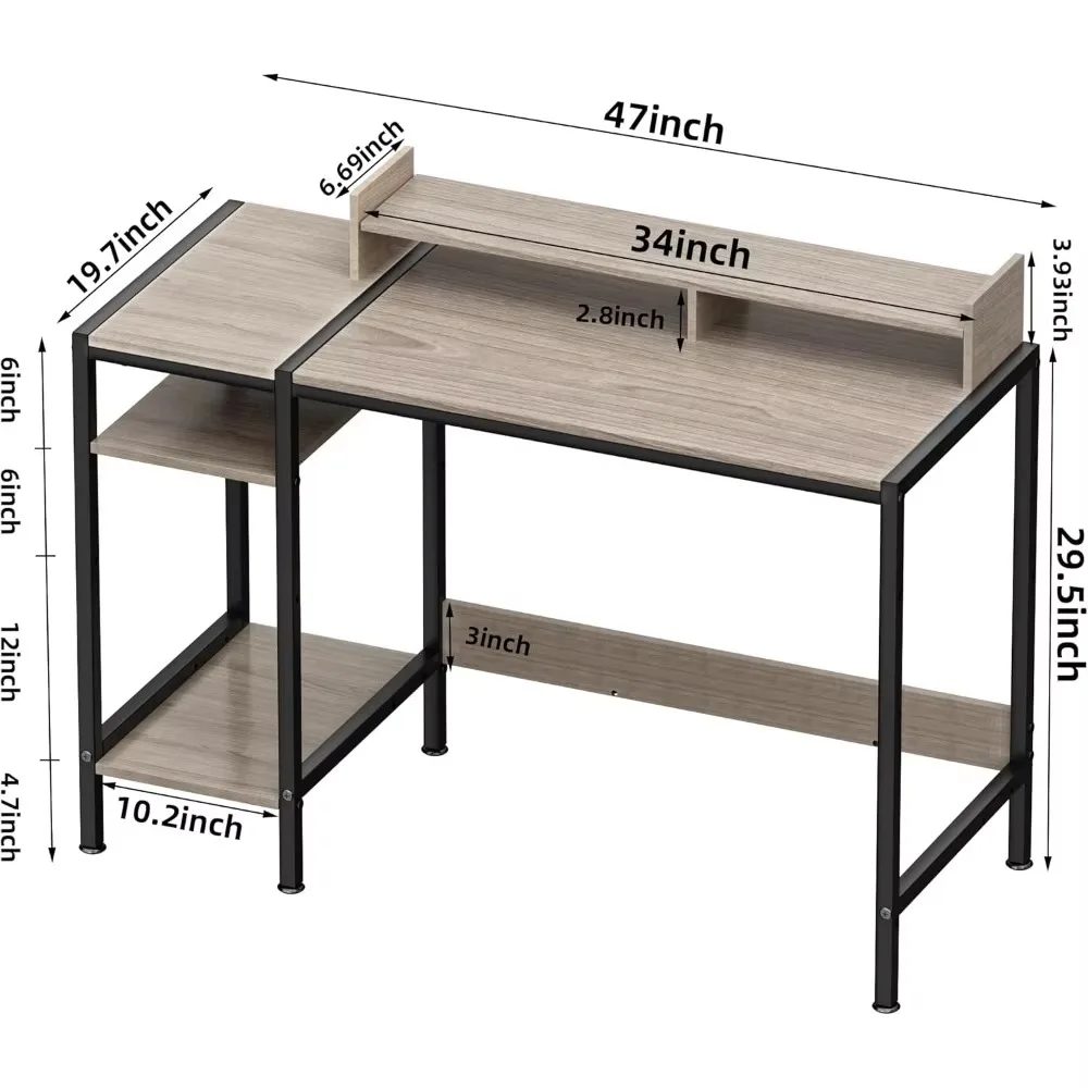 Computerbureau - 47 inch gamingbureau, thuisbureau met opbergruimte, klein bureau met monitorstandaard, bureaus voor 2 monitoren, verstelbare opbergruimte