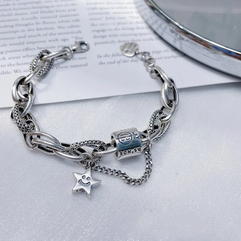 באיכות גבוהה רטרו חיוך פנים 925 סטרלינג כסף נשי טנק שרשרות תכשיטי נשים קסם צמיד לא יימוג חג המולד מתנות