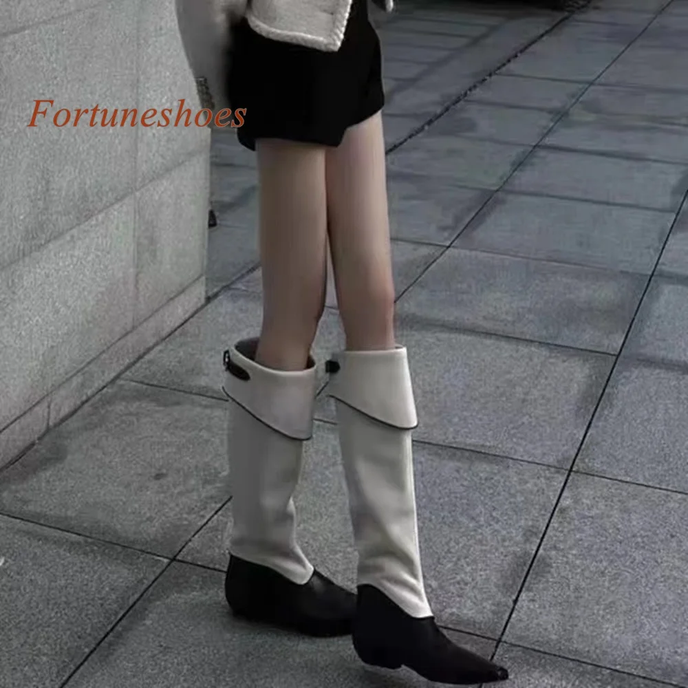 Patchwork Solid White Boots Chunky Heel Square Toe Side Zipper Knee High Women Boots 2024 Newest Spring Fashion Casual Boots