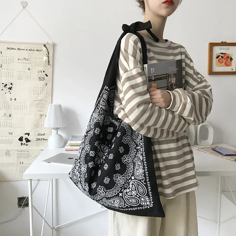 Over Large Cotton Paisley Printing Slouch Bag 2024 Women Youth Teenager Casual Ecology Fabric Big Capacity Shipping Shopper Bag