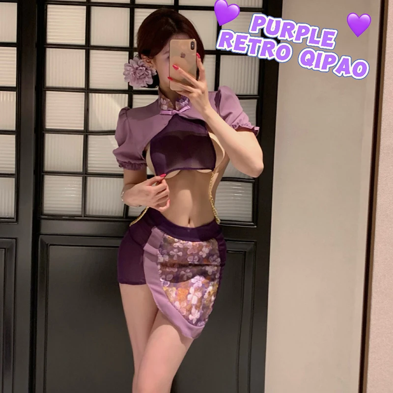 

Chinese Style Cheongsam Skirt Hollow Out See-Through Lingerie Uniform Tempting Porno Miniskirt Purple Qipao Exotic Charm Costume