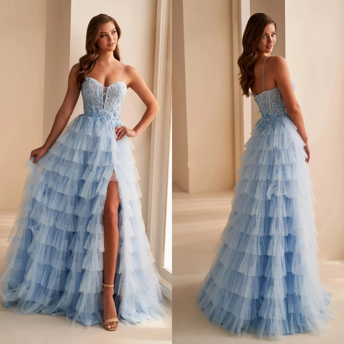

Light Blue Prom Dresses Princess Lace Evening Dress Sleeveless Sweetheart Tiered Tulle Party vestidos de Gala Customized