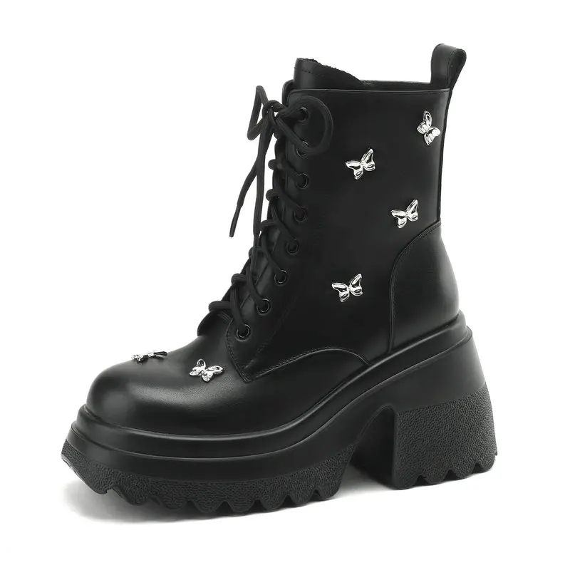 

2025 New Lace-up Women's Boots 100% Genuine Leather Cowhide Black Beige Thick-soled High-heeled Boots Dance Shoes