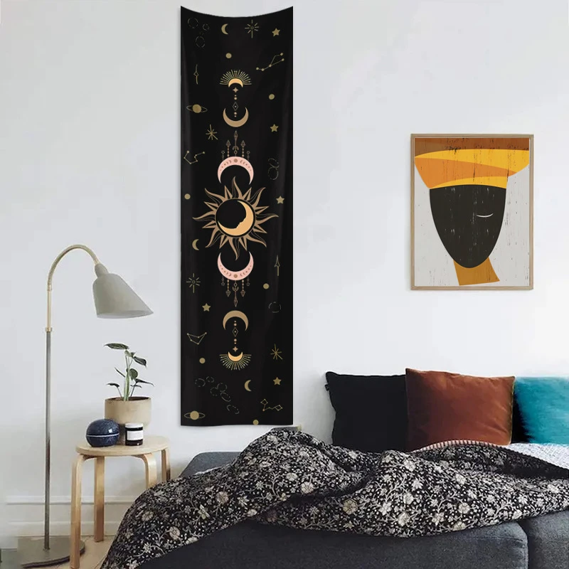 VIKAMA Vertical Bar Moon Phase Celestial Body Mysterious Wind Tapestry Dark Bohemian Wall Hanging Bedroom Dormitory Home Decor