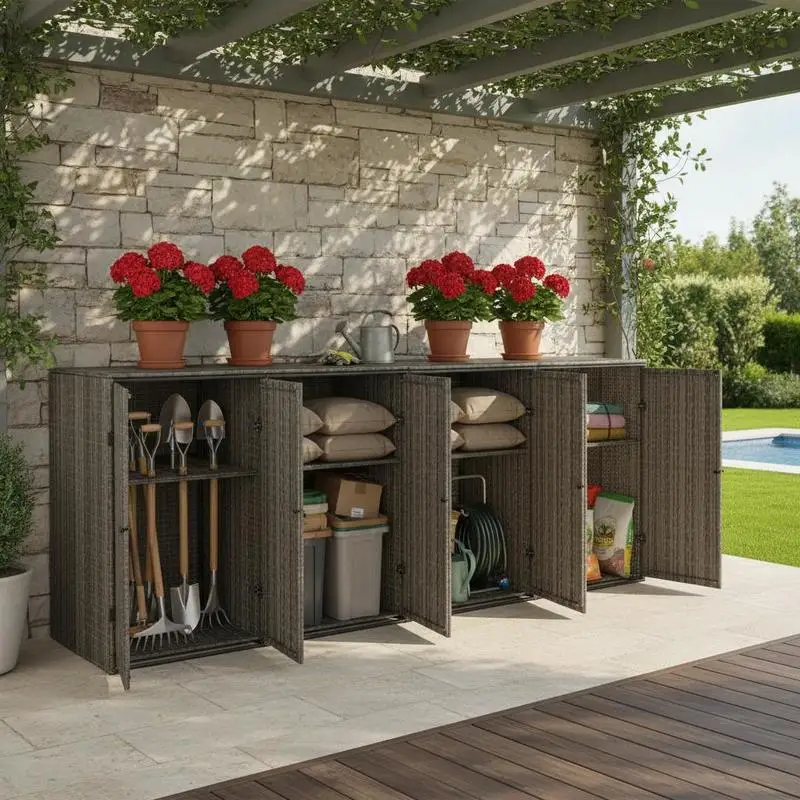 Abdeckung für 4 Mülleimer, grau, 274x80x117 cm, Polyrattan, langlebiger Mülleimerhalter, Aufbewahrungsregal für den Garten im Freien