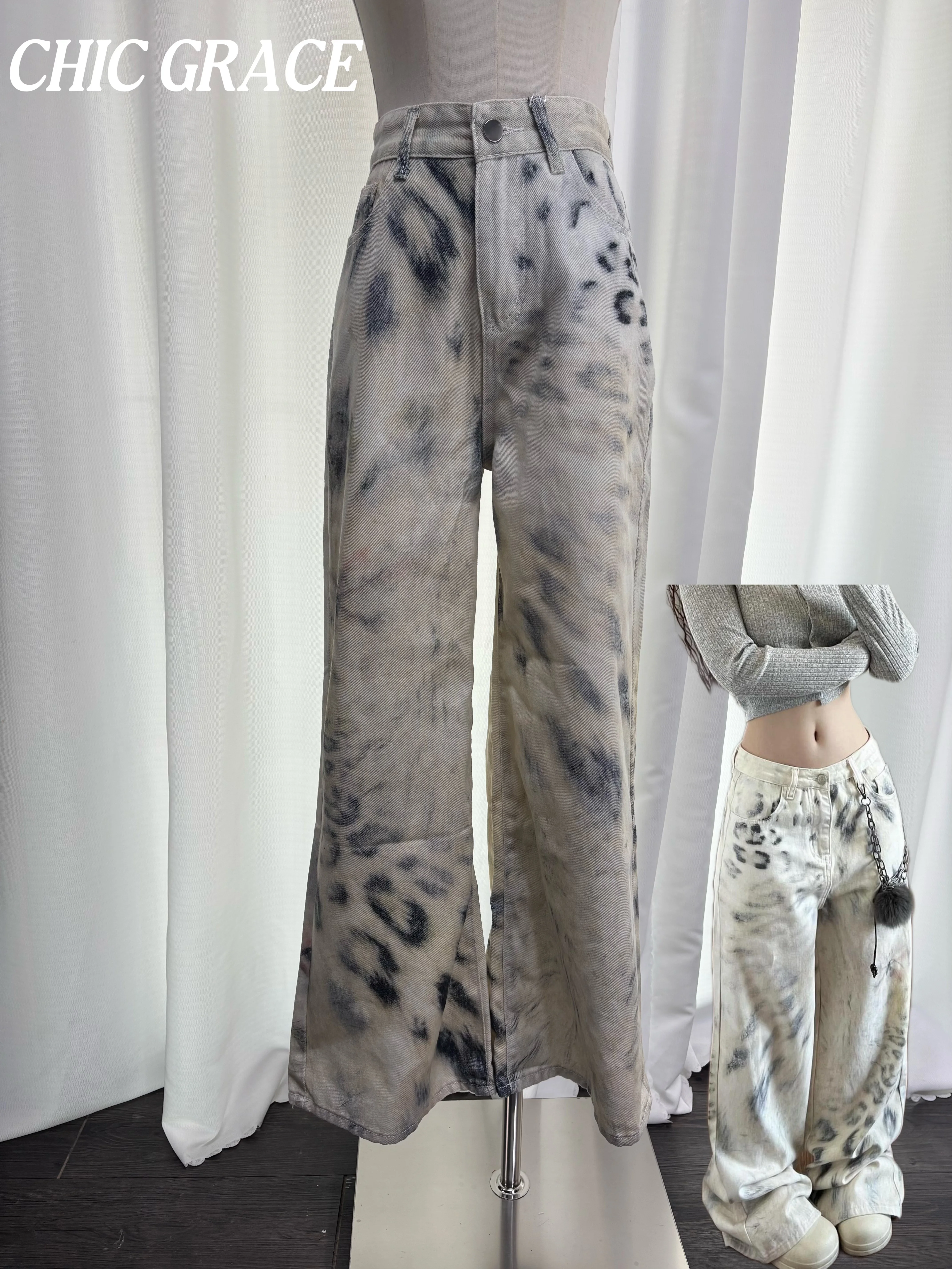 

Real shot Vintage Tie Dye Leopard Print Jeans Women High Waist Wide Leg Baggy Denim Pants Y2K Streetwear Casual Straight Trouser