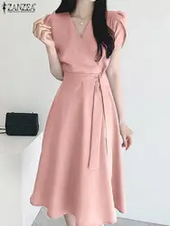 ZANZEA Elegant Summer Short Sleeve Dress Women Fashion OL Work Sundress Robe Femme Casual Solid A Line Vestido Kaftan Sarafans