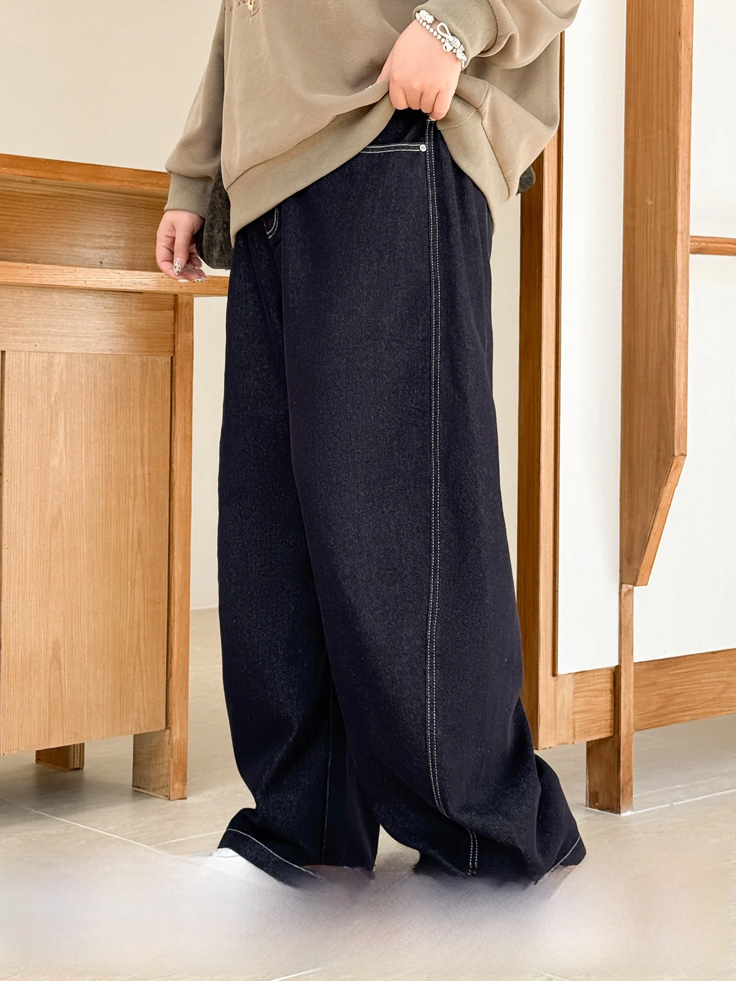 

Женские модные джинсы больших размеров с широкими штанинами, повседневные универсальные джинсовые брюки с высокой талией, ретро-стиль, весенняя коллекция Miss38