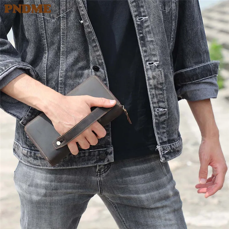 Vintage natural genuine leather men\'s clutch bag simple high quality crazy horse cowhide phone multi-card slot card holder purse