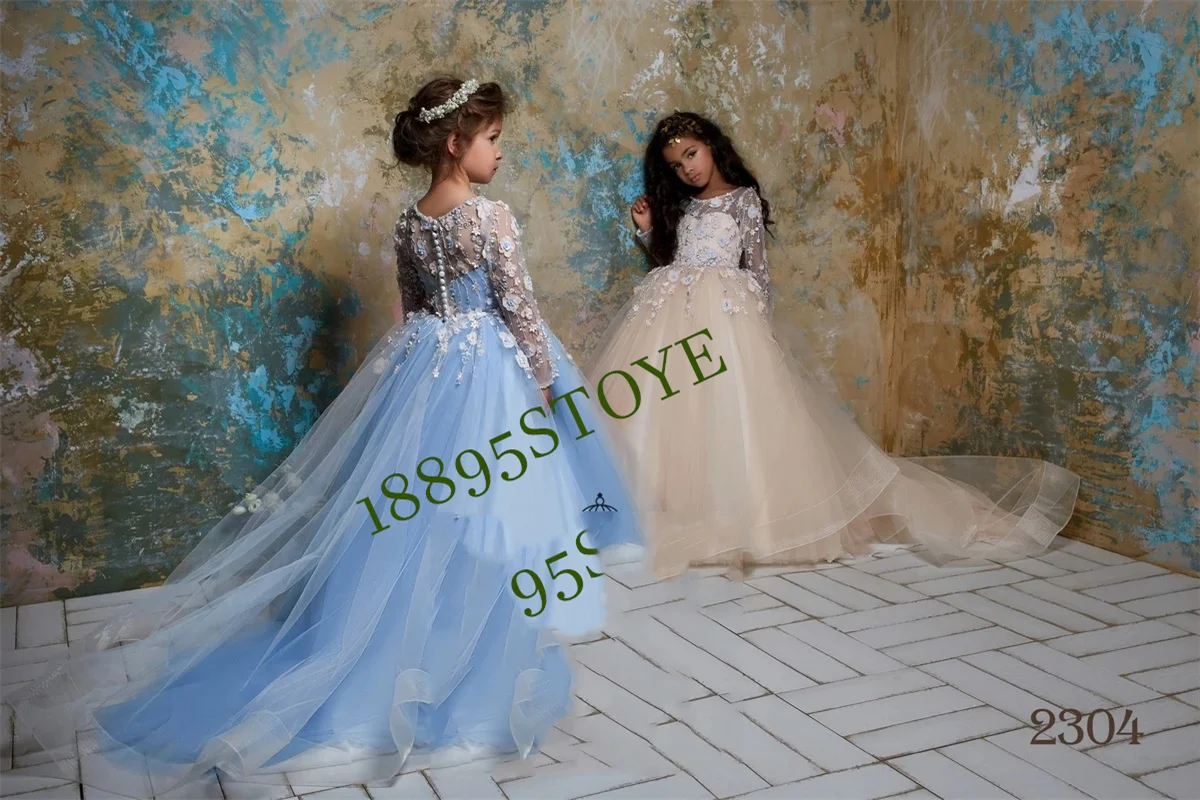 Vestidos Flower Girl para crianças, Princesa Vintage Lace Saia de tule, Ilusão Floral com Arco, Linha A, Casamento Mesmo Festa