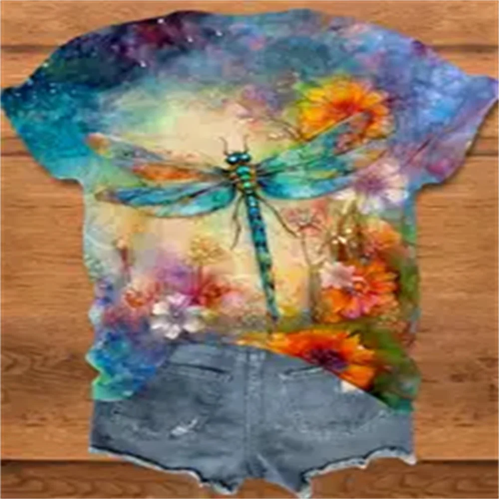 Dragonfly Print V-neck T-shirt For Spring And Summer Casual Short Sleeved Top Suitable For Women's Work Dating Daily Versatil