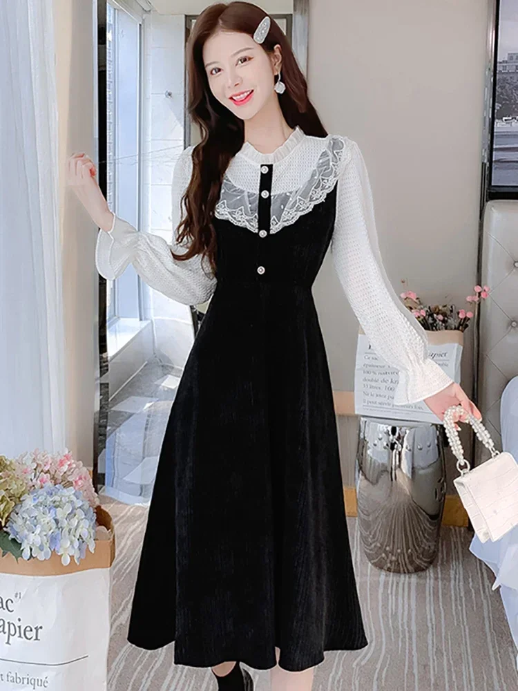 2024 Black Corduroy Thick Warm Midi Dress Women Fashion Lace Ruffled Collar Dress Autumn Winter Elegant Party Chic Prom Vestidos