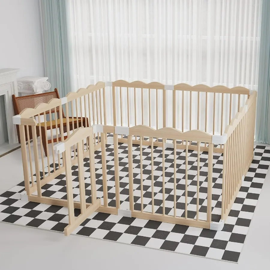 Grande box per bambini in legno regolabile per bambini piccoli e neonati Cortile da gioco portatile con cancello di bloccaggio per un'area di gioco interna sicura Ea