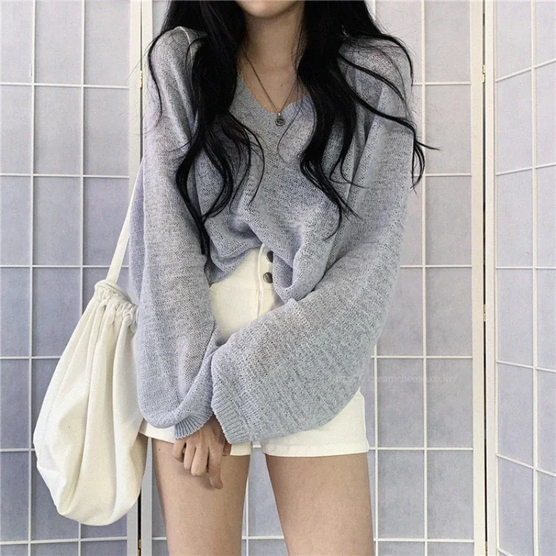 Blue V Neck Short Knit Pullover Women Spring Fall Loose Casual Long Sleeve Sweater Tops 2 Colors