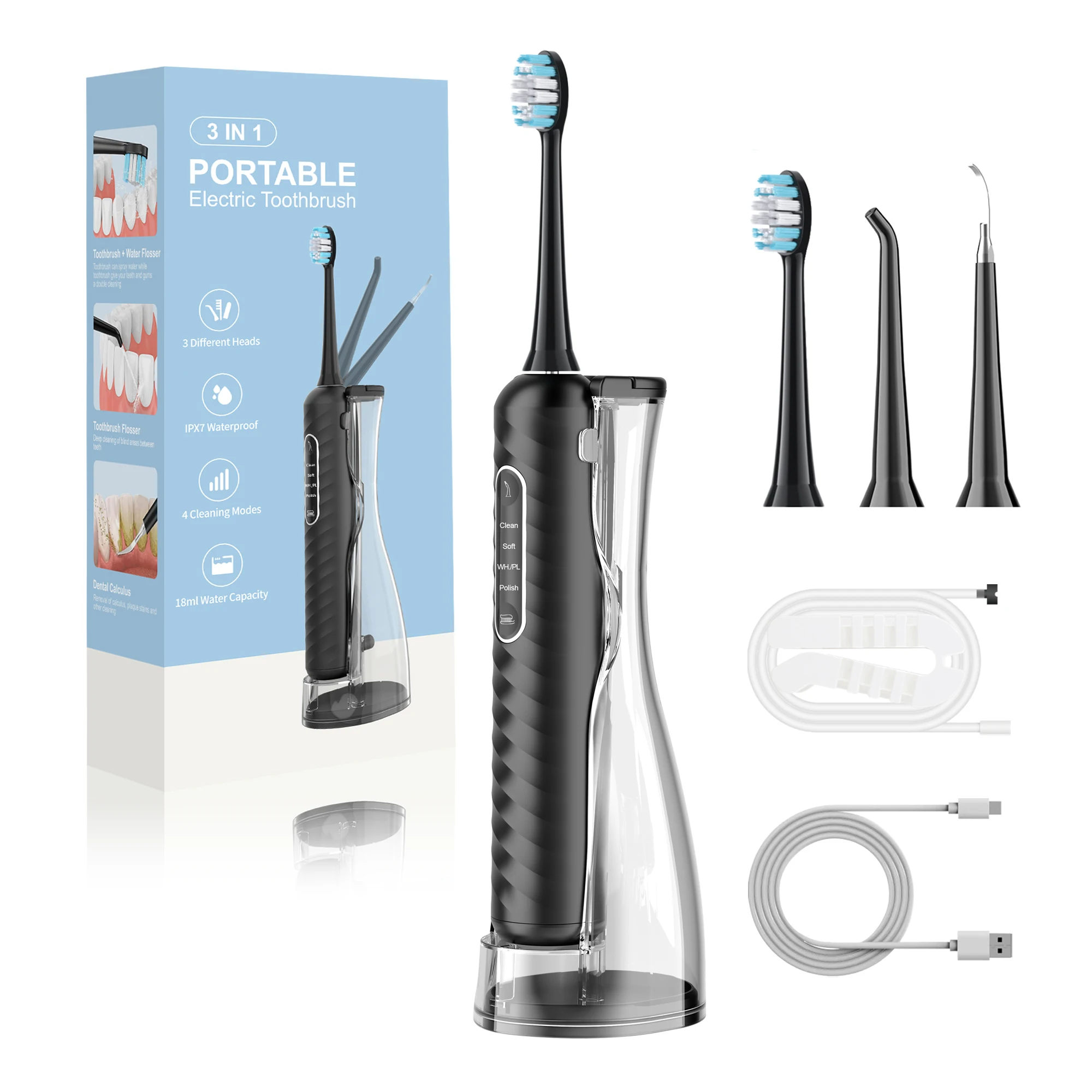 

Портативный умный электрический звуковой очиститель зубов 4-в-1: удаление зубного камня, налета и плака, ирригатор для полости рта, водный флоссер