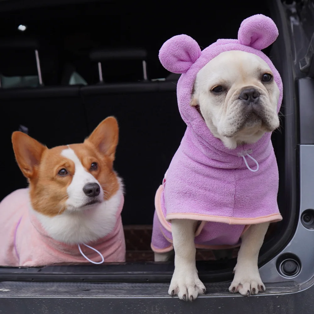 Bathrobe for Dogs Super Absorbent Fast Drying Hooded Cute Pet Bathrobe Towel for Cats Dogs Adjustable Microfiber Coat Corgi Pugs