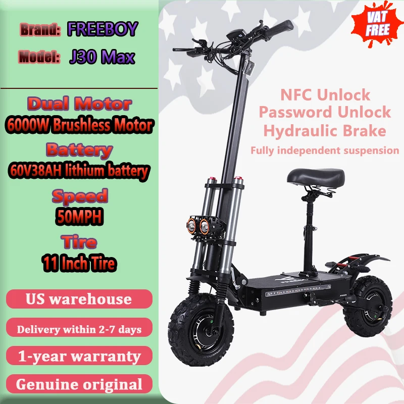 

Электрический самокат FREEBOY J30 Max, 6000 Вт, двойной двигатель, 60 В, 38 Ач, разблокировка NFC с сиденьем, внедорожный пригородный электронный самокат для взрослых, гарантия 1 год