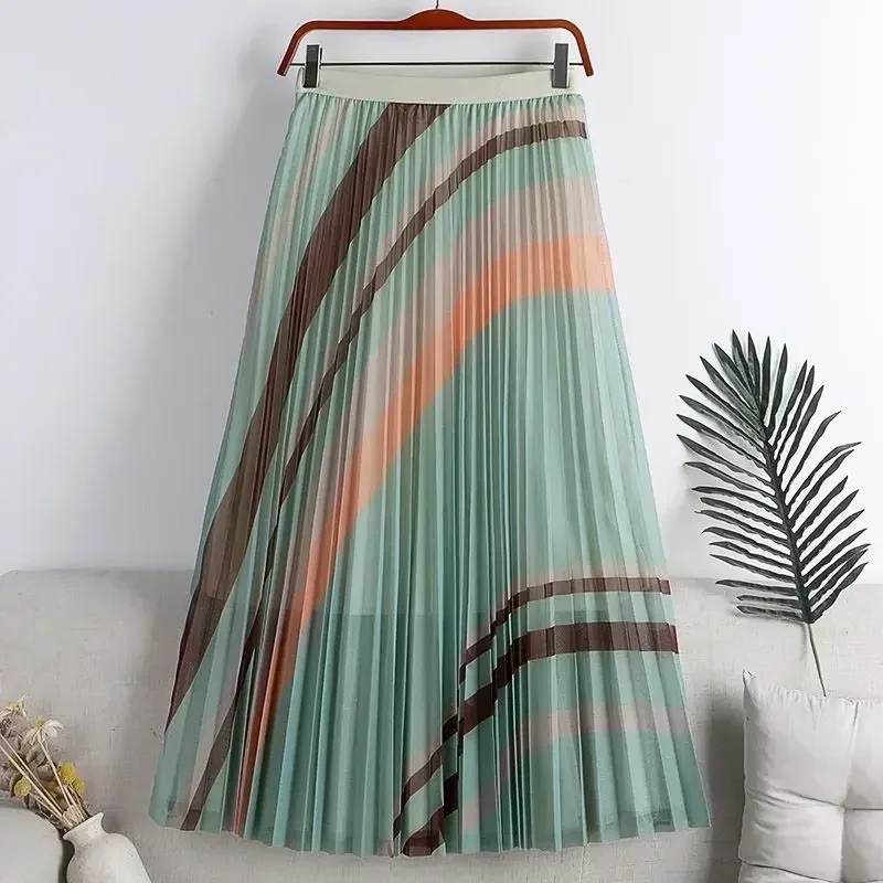 Summer Skirts Women's Pleated Mesh Contrast Striped Elastic High Waist A-line Skirt