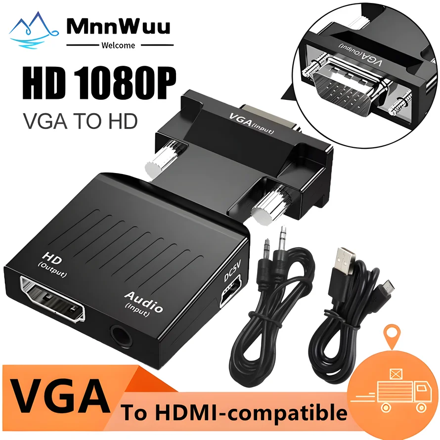 VGA-HDMI 호환 변환기 1080P 남성-여성 오디오 VGA-HDMI 호환 어댑터, PC 노트북 HD TV 프로젝터