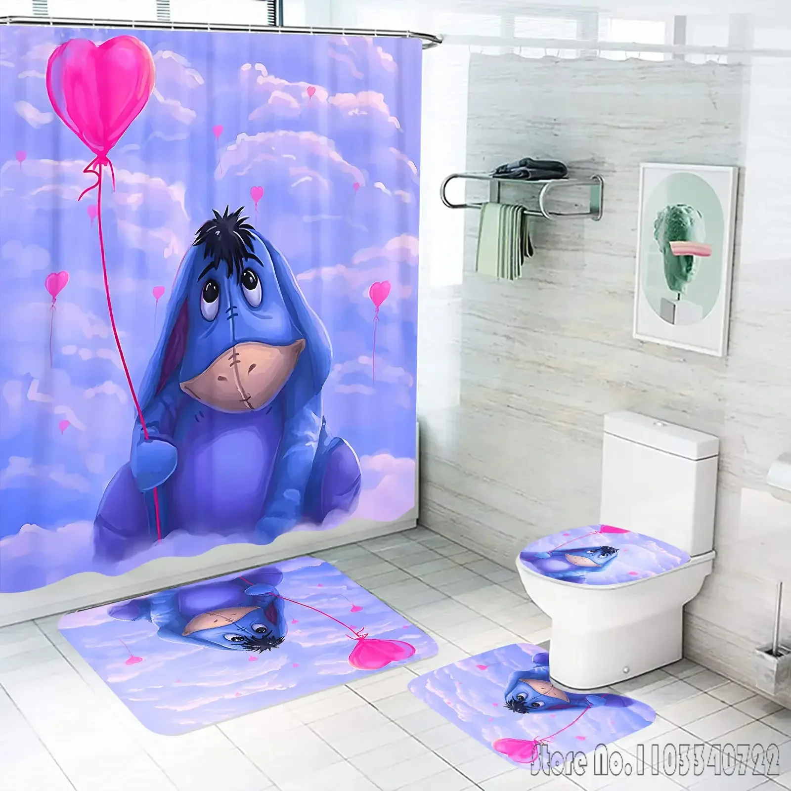 Disney Winnie Bear the Pooh Anime Bath Shower Curtain Set 4pcs with Hooks Waterproof Bathroom Toilet Mat Lid Decor