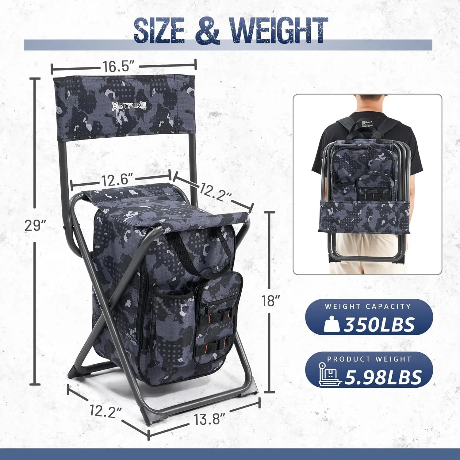 مقعد تخييم قابل للطي مع حقيبة تبريد ومسند ظهر، محمول خفيف الوزن للصيد والمشي لمسافات طويلة في الهواء الطلق، يدعم ما يصل إلى 350 رطلًا