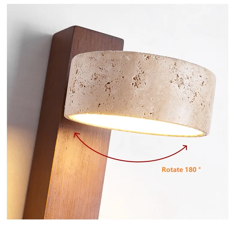 Simple Cream Style Living Room Bedroom Bedside Wall Lamp Wire Rotatable Led Light Stone Homestay Log Wood Walnut wall Lights