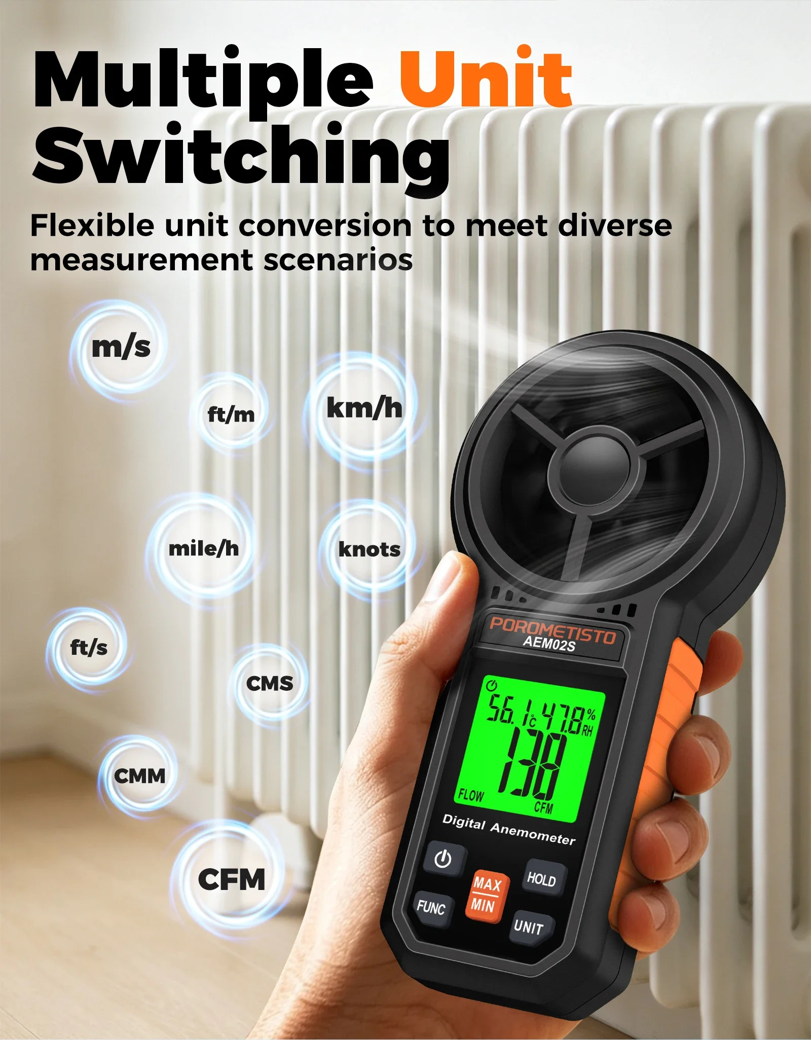 Digitales Anemometer 0,4~30,00 m/s Handgehaltenes Windgeschwindigkeitsmessgerät Luftgeschwindigkeit Luftstromrate mit LCD-Hintergrundbeleuchtung CFM CMM CMS Messwerkzeug – Detail 7