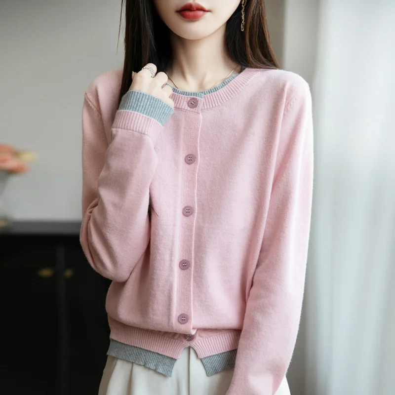 

Fake Two Piece Sweater Cardigan for Women New Single Breasted Loose Fit Sweater Jacket Harajuku Contrast Color Knitted Cardigans