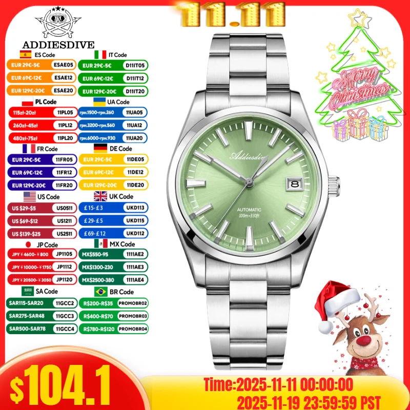 ADDIESDIVE 39mm AD2077 Watch For Men BGW9 Super Luminous 10Bar Waterproof Japan NH35A Automatic Mechanical Watch reloj hombre