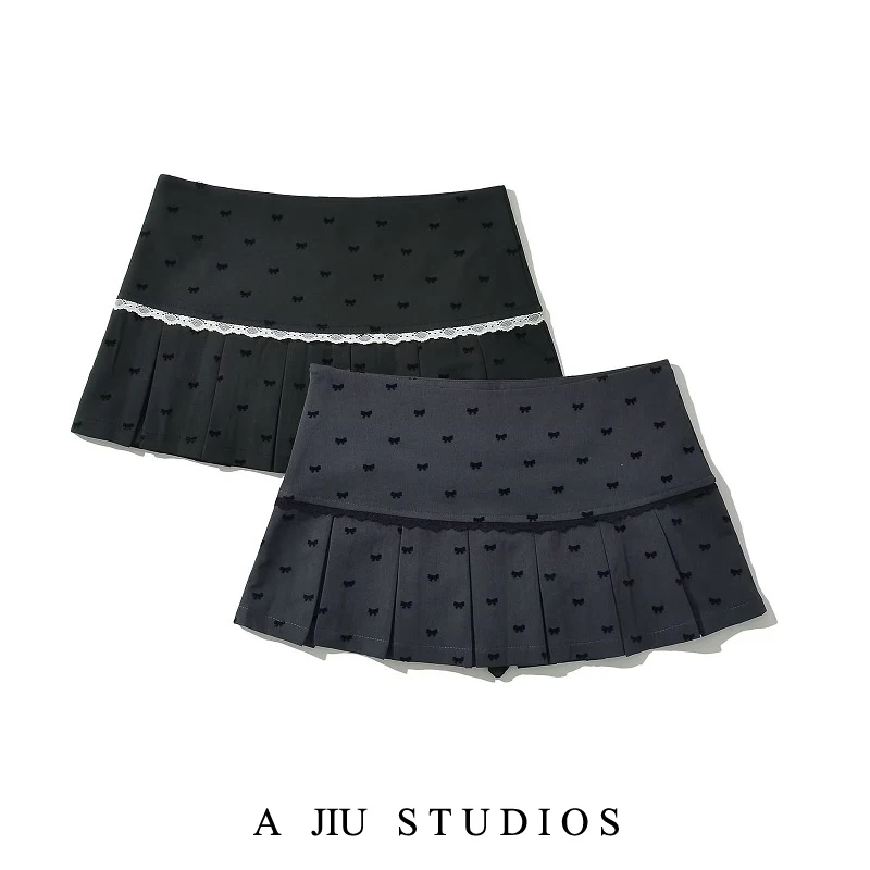 

Cute Contrast Color Lace Splicing Velvet Knot Low Waist Body ort Skirt Women's Ballet Sle Pleated Skirt