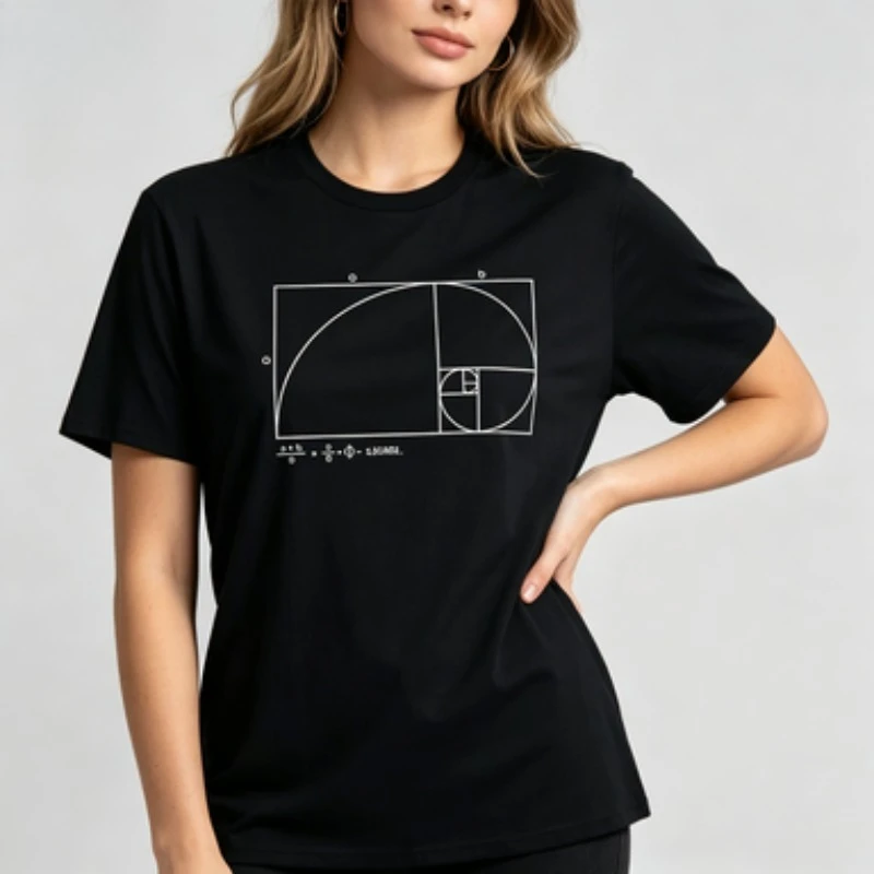 Golden Ratio Fibonacci Graphic Ladies Cotton Crew Neck Tee, Standard Regular Length Math Spiral Equation Geometry Soft
