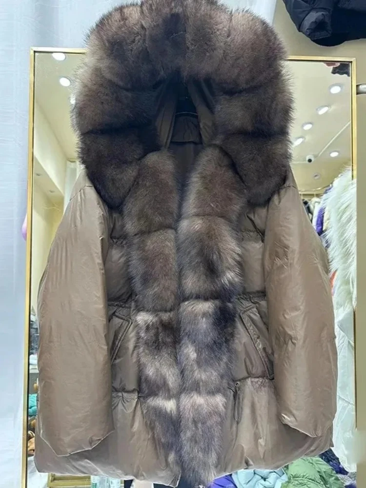 2025 nova jaqueta de inverno feminina grosso quente oversized 90% pato branco para baixo grande casaco de pele real natural pele com capuz puffer parka