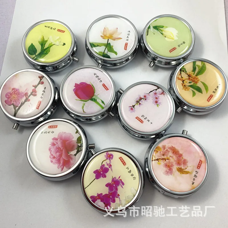 Cream jar Lipstick packaging box, round metal pill box, peach blossom, rose flower, gardenia flower, flower balm lip balm box