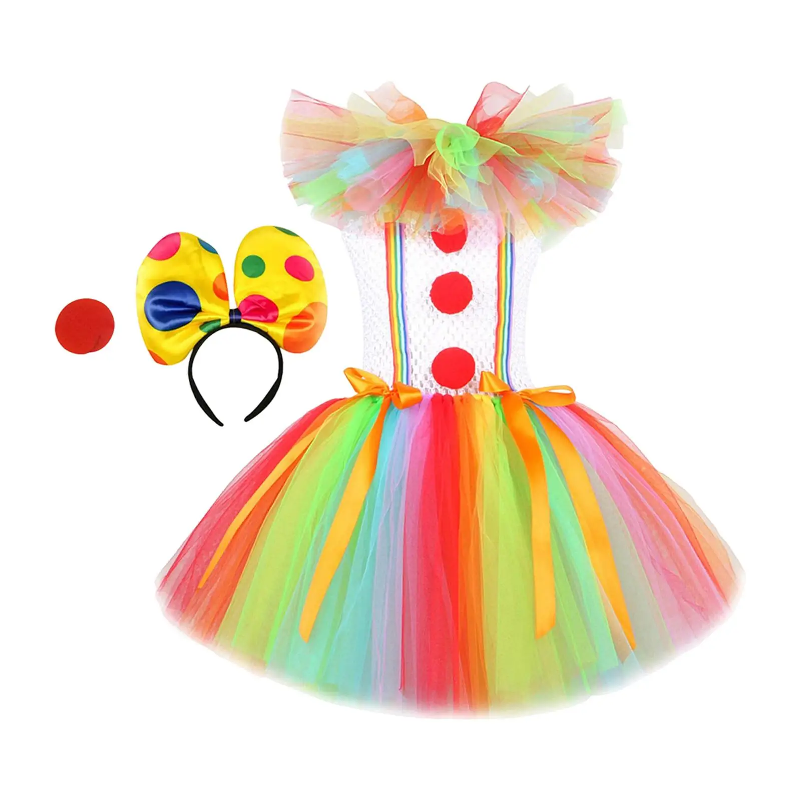 Child Girl Clown Costume Mesh Tutu Dress Outfits with Hair Hoop Accessory Comfortable