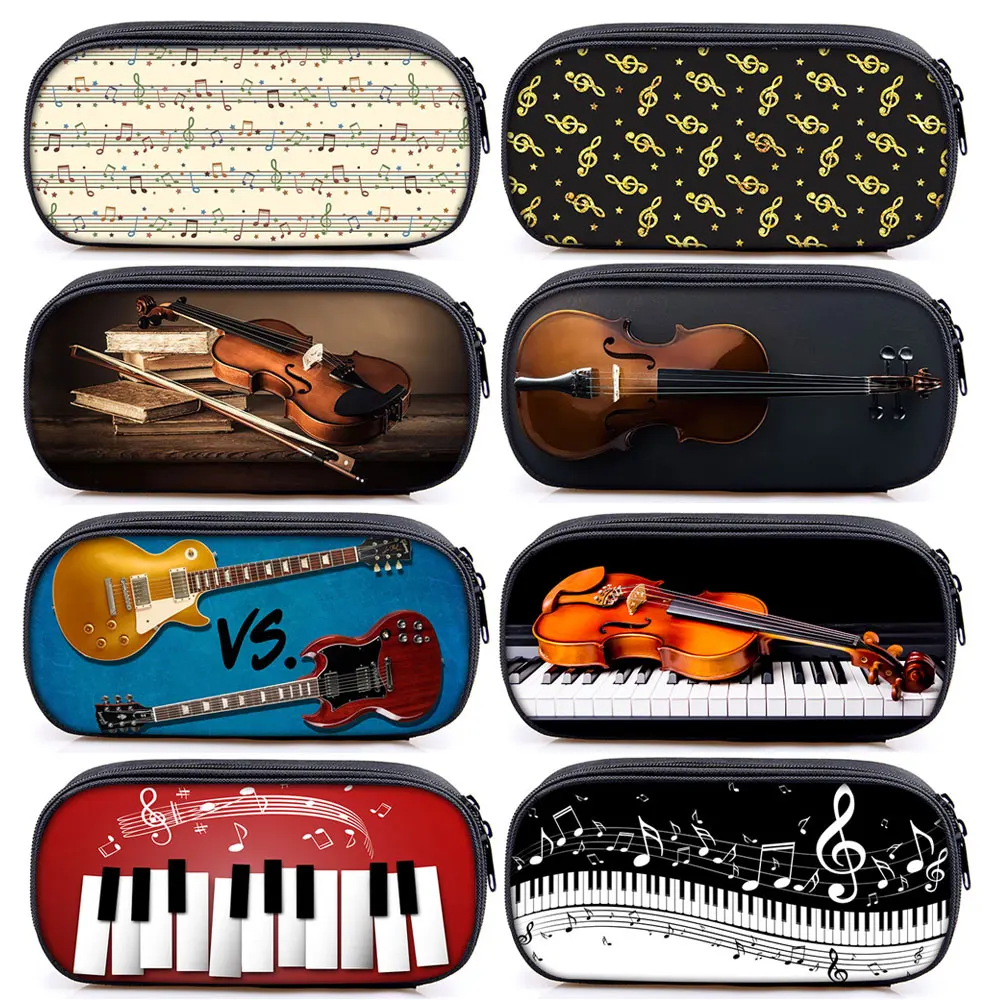 Music Notes Print Cosmetic Case Pencil Bag Guitar Violin Storage Stationary Bag Pencil Box Travel Organizer School Case Supplies