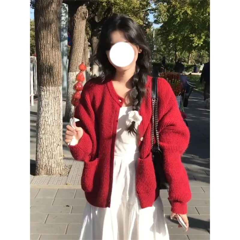 

Retro Sweet Knit Cardigan Women Fashion Round Neck Single Breasted Soft Academy Korean Solid Loose Winter Warm Sweater Coat