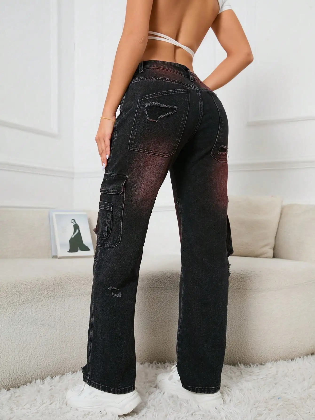 Women's street style overalls high waisted diagonal pocket straight leg black jeans, casual fashion gradient color women