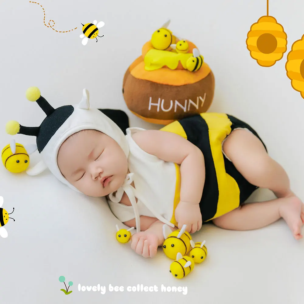 0-1 Month Newborn Photography Props Set Cute Animal Theme Outfits+Hat Set Included Bee Style Photo Shoot Props Accessories
