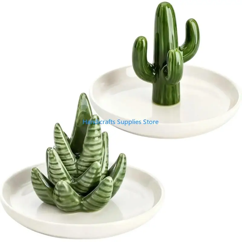 R1WA Functional Aloe Cactus Ceramic Tray Rings Holder Jewelry Earrings Organzier Dish