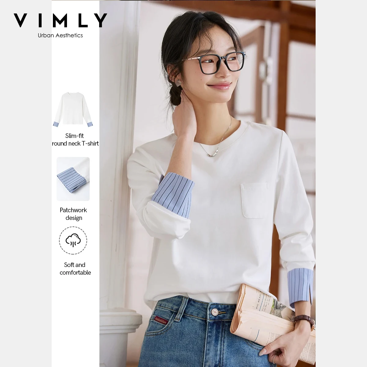 

Vimly Women's Retro Patchwork T-Shirt 2025 Autumn Round Neck Loose Fit Minimalist Tees Office Lady Casual Knitwear Top A0197