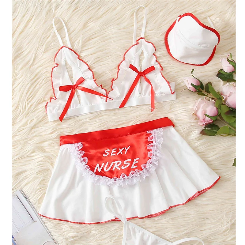 مثير فتاة ممرضة زي الساخن الحسية الملابس الداخلية 5 قطعة الملابس الداخلية المثيرة الأحمر القوس الصدرية الكشكشة تنورة شقي تأثيري الملابس الداخلية الموحدة #1