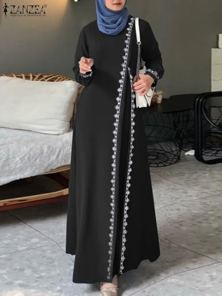 Muzułmańska moda Sukienka Abaya ZANZEA Kobiety Stylowa Koronka z długim rękawem Szydełkowa Maxi Sundress Vestidos Robe Femme Islamska Odzież 2024