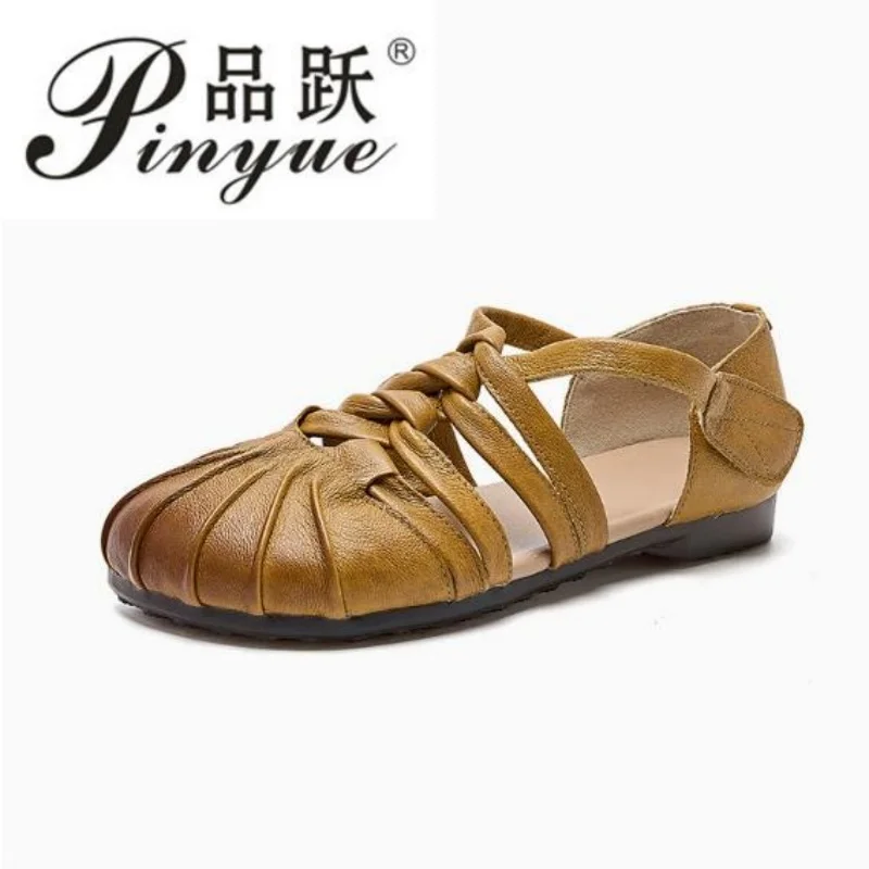 

Summer New Cowhide Roman Sandals Retro Genuine Leather Weaving Hollow-out Women's Flat Shoes 35-41