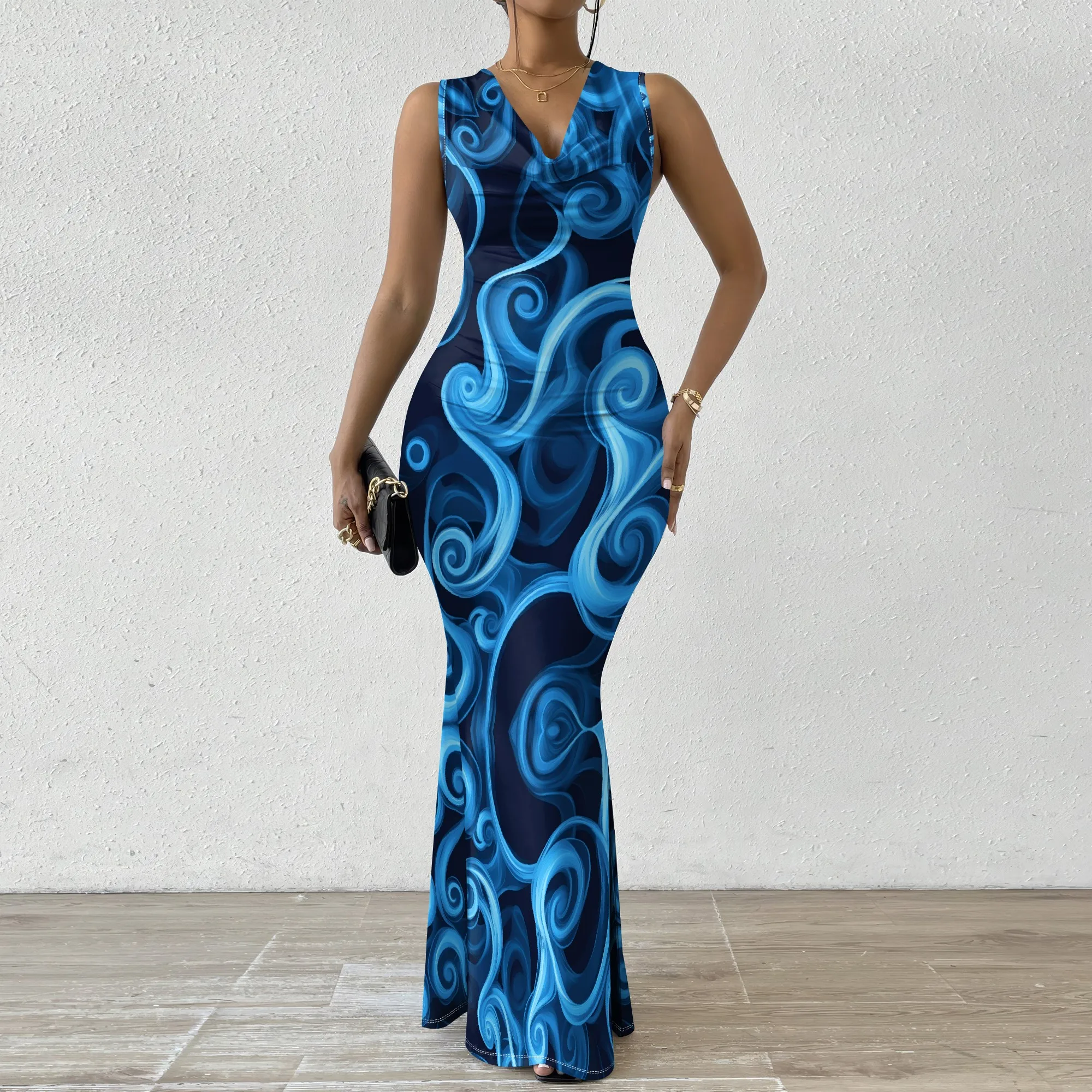 

Blue Swirl Print Maxi Dress XS‑2XL Sleeveless V‑Neck Bodycon Style for Art Show, Summer Night Out or Bold Street Fashion