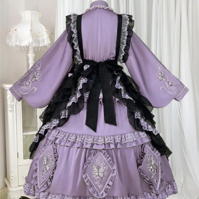 Elegant eclectic long-sleeved all-in-one apron dress