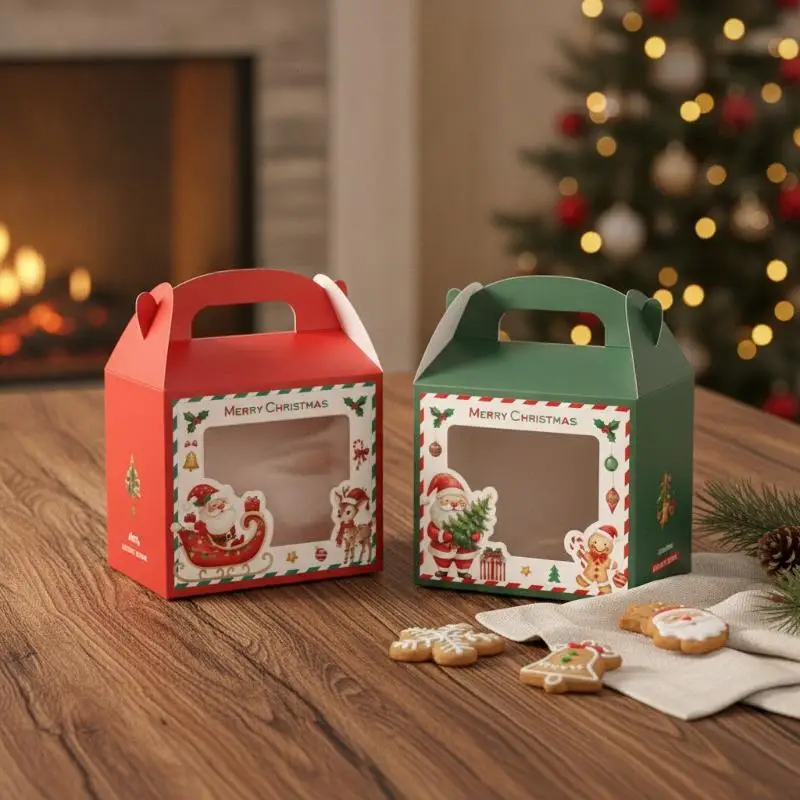 Christmas Baking Gift Boxes with Clear Window Portable Handle Lightweight Packaging for Cookies Candies Holiday Party Favors