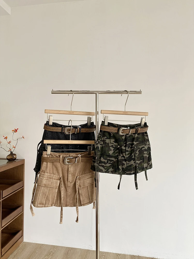 

Summer Camouflage Cargo Denim Skirts Women Bow Pockets A-Line Mini Skirts Sexy with Belt Vintage Fashion Jean Skirt